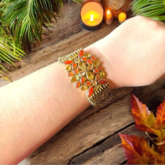 KENNETH COLE Gold-Tone Stretch Bracelet w/ Red & Amber Stones - Picture 3 of 10